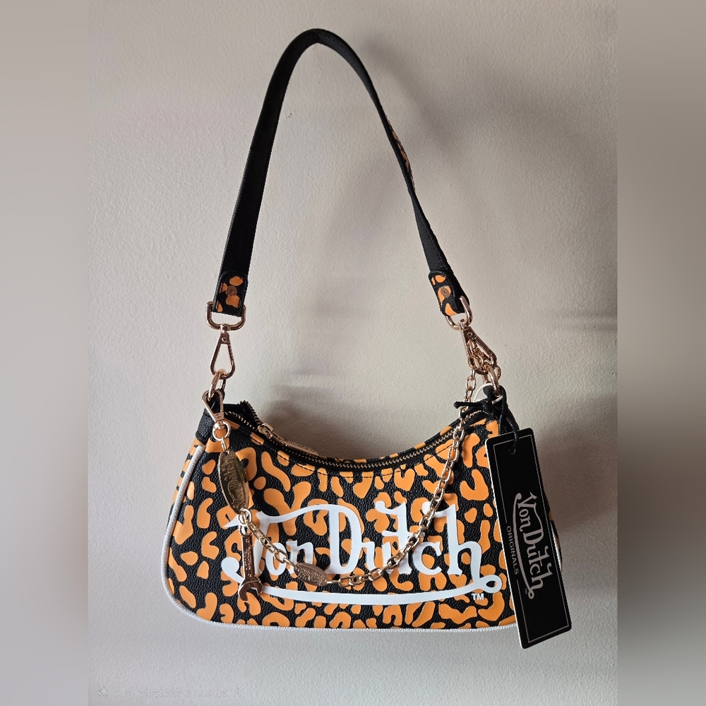 Von Dutch Leopard Print Shoulder Bag in Orange and Black